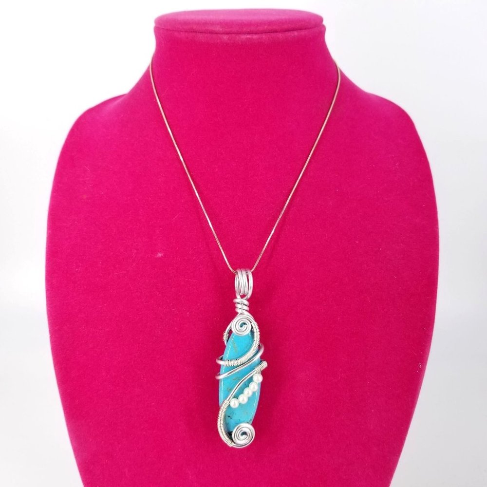Turquoise Magnesite Gemstone Pendant Wire Wrap Necklace 925 Silver Chain Italy - Picture 2 of 8